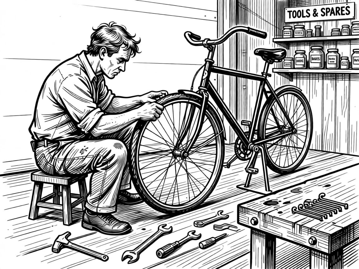 A man repairing a bicycle in his garage, tools scattered nearby.