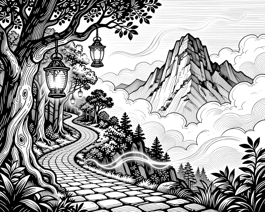 A lantern-lit path through an enchanted forest atop a mountain wrapped in clouds, with wisps of magical light drifting through the air, forming a quietly wondrous fantasy scene.