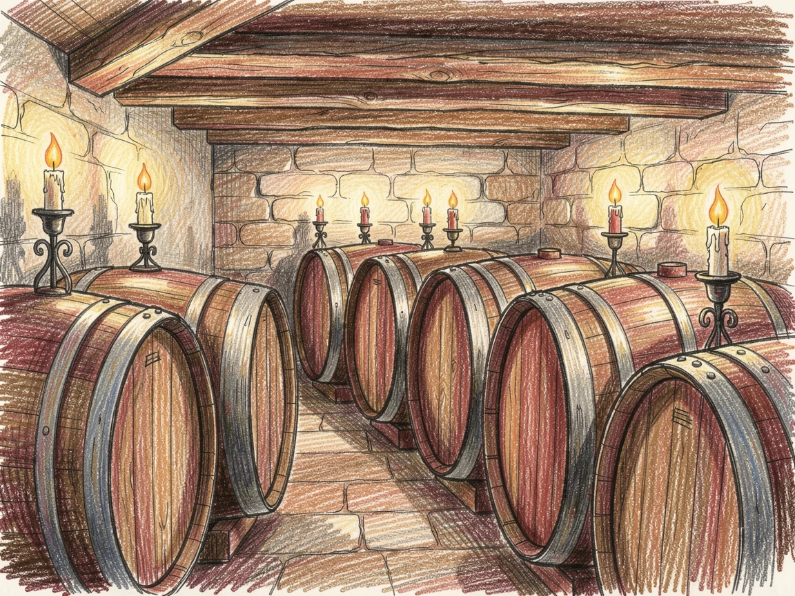 A rustic wine cellar lined with wooden barrels and candlelight, with rich, inviting textures throughout the scene, designed to feel inviting, memorable, and shareable.