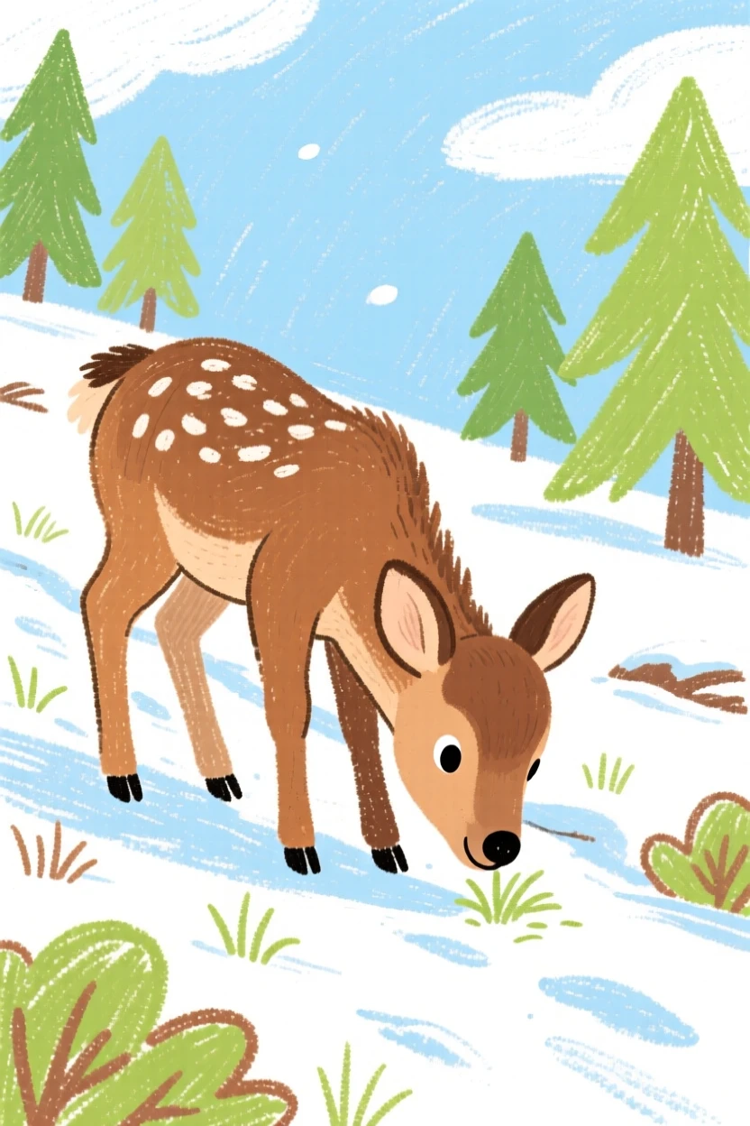 A young elk foraging quietly along the edge of a snowy trail.