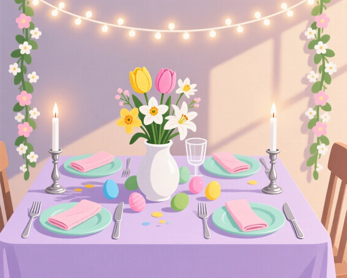 A cheerful Easter brunch table with pastel table settings, surrounded by joyful decorations and warm candlelight, framed with decorations arranged symmetrically for balance, with warm twinkling lights adding a magical sparkle.