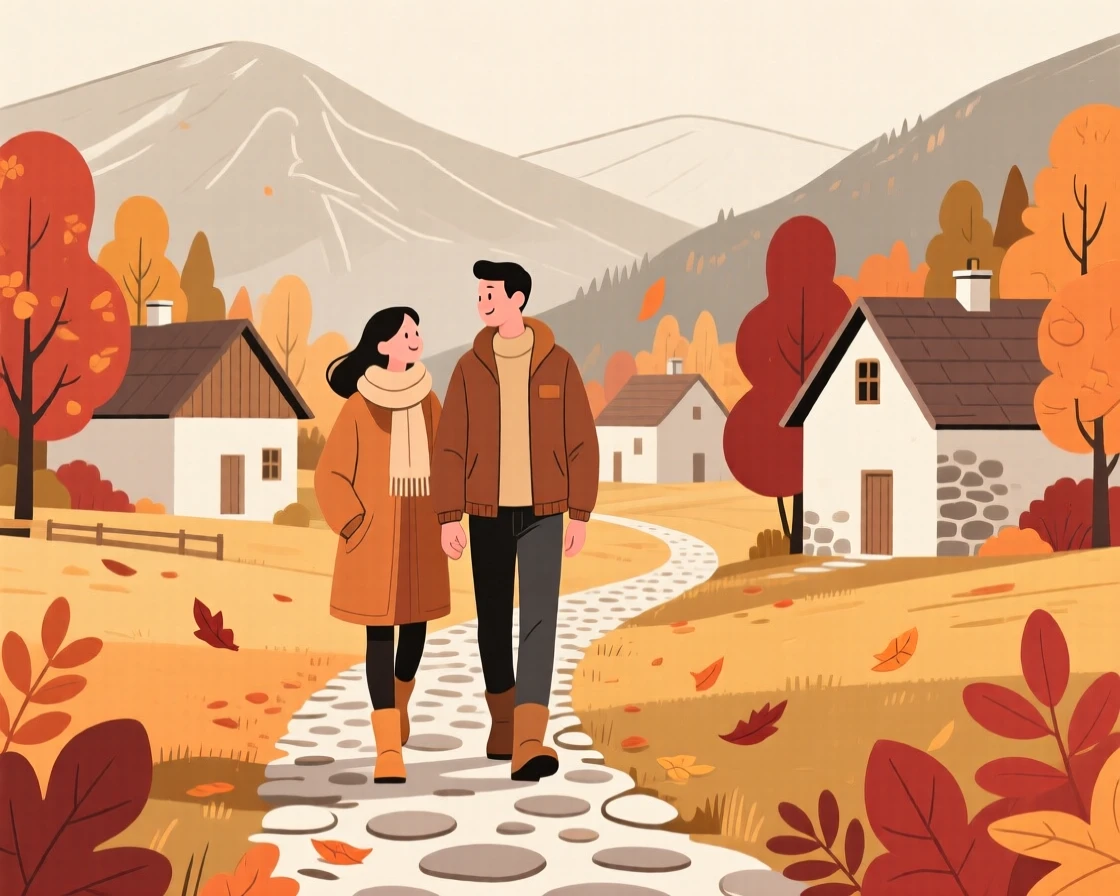 An autumn scene of a couple walking in a mountain village.