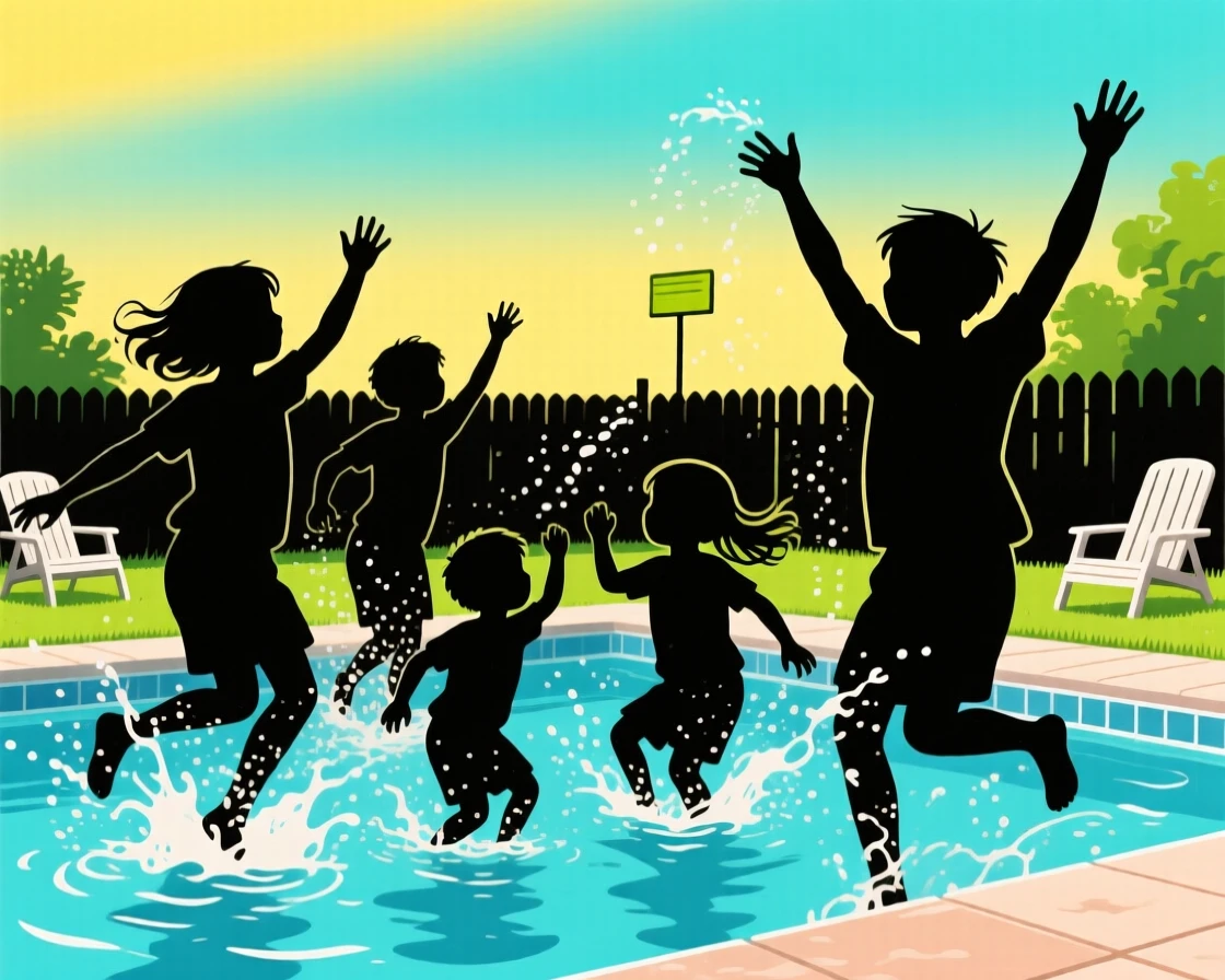 A group of siblings splashing each other in a backyard pool.