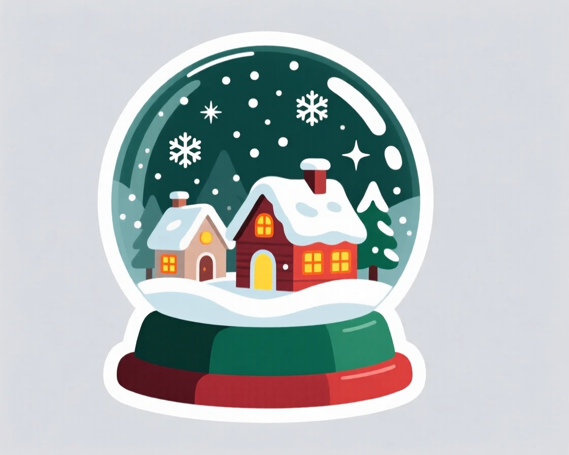 A sparkling and celebratory snow globe with a tiny winter village inside, glowing softly in the evening light, on a cozy holiday evening at home.