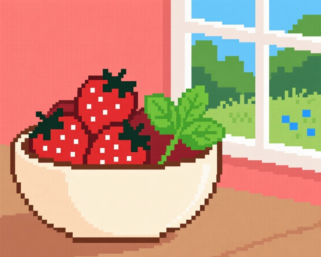 A bowl of fresh strawberries decorated with a sprig of mint, beside an open window overlooking a garden.