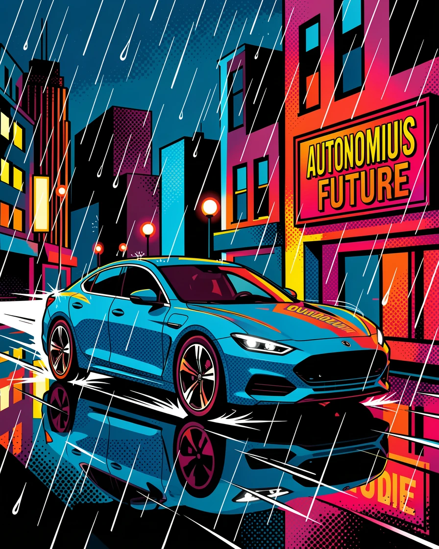 A self-driving car navigating a rain-soaked city at night
