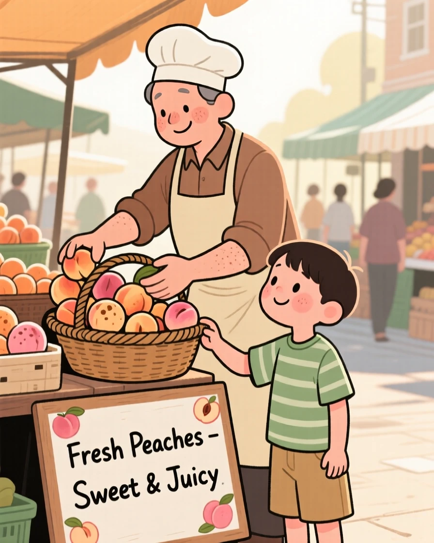 A baker arranges baskets of ripe peaches at a bustling street market, greeting a curious child with a warm smile in the morning sun.