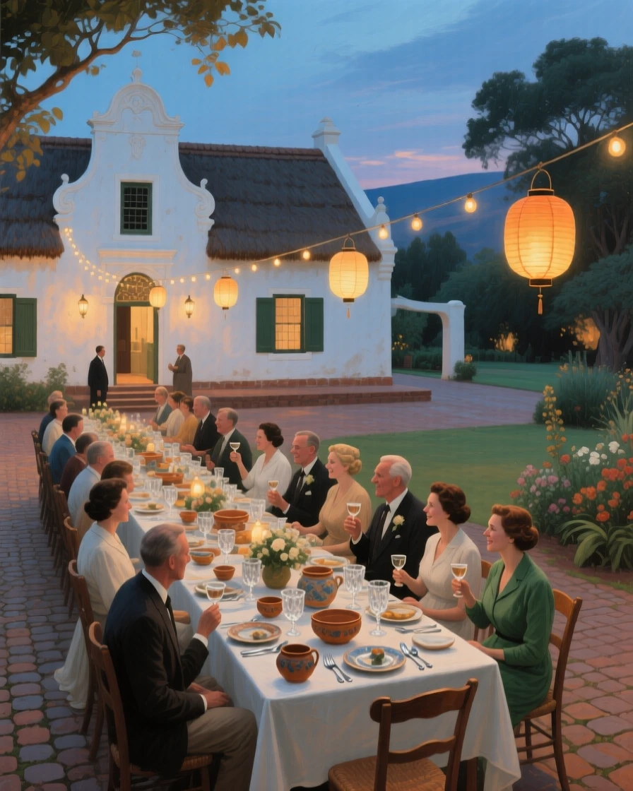 A wide establishing shot of a wedding feast held beneath strings of lanterns in a garden courtyard, in a Cape Dutch farmstead in South Africa, in the mid-20th century.