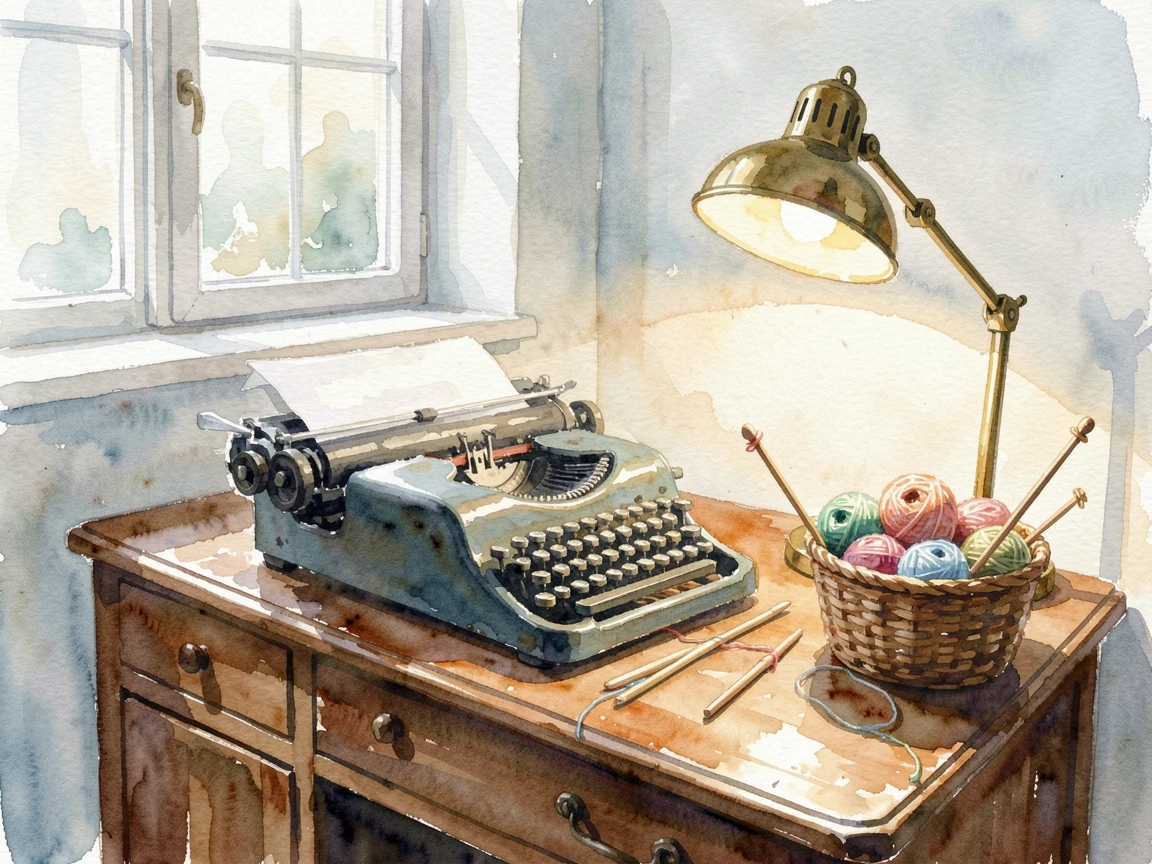 A home office with a vintage typewriter and desk lamp with a basket of yarn and knitting needles.
