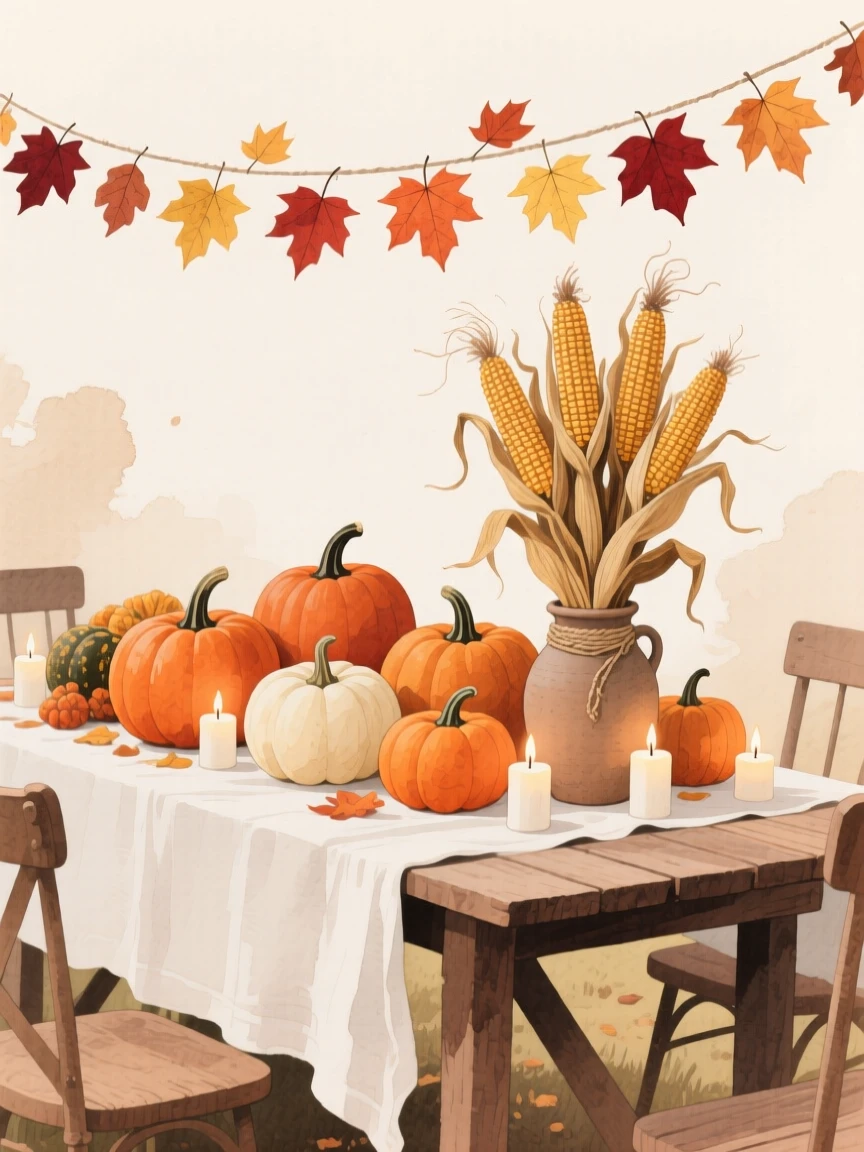 A harvest festival table displays pumpkins, corn stalks, and candles beneath strings of autumn leaf garlands