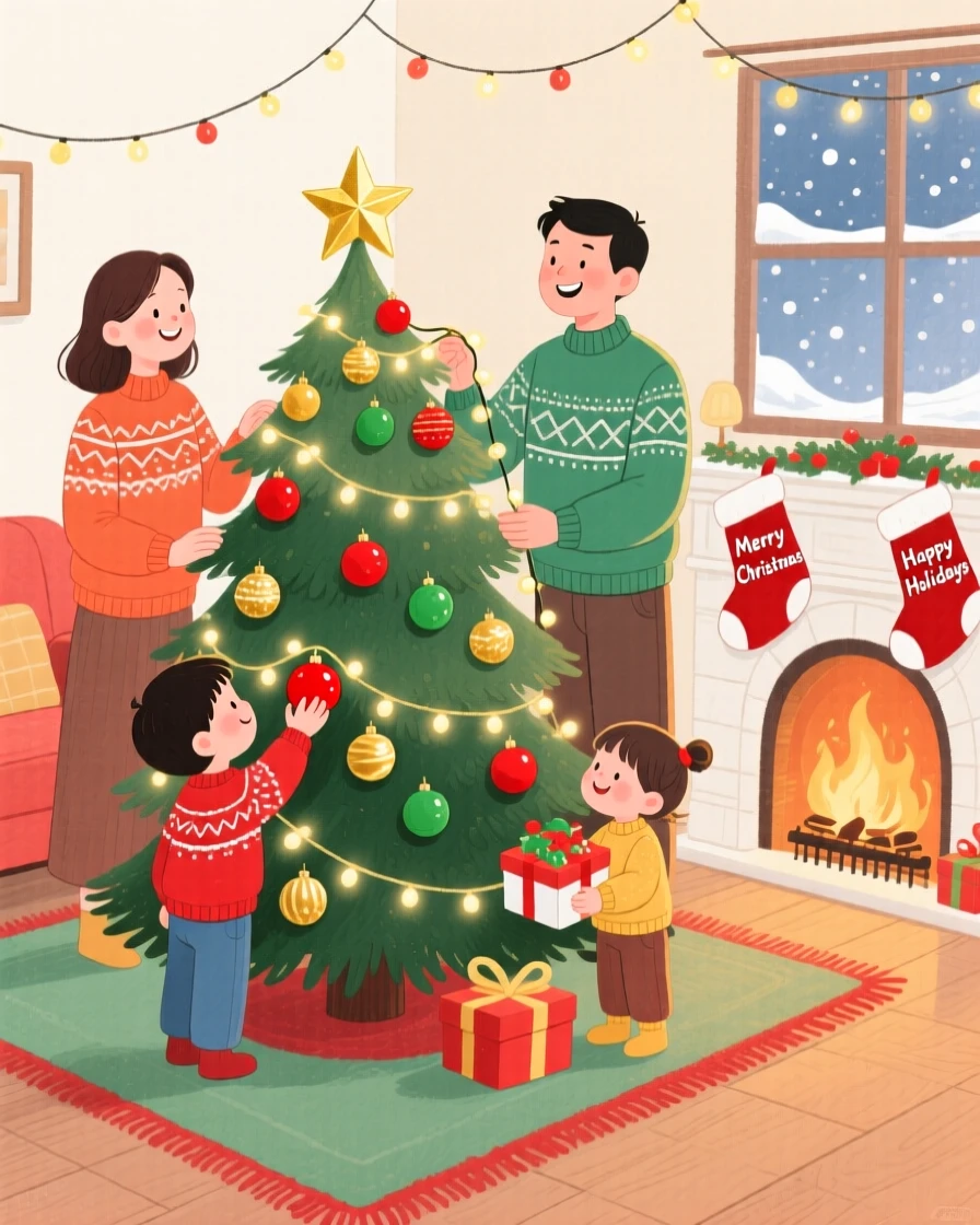 A joyful scene of a family decorating a Christmas tree.