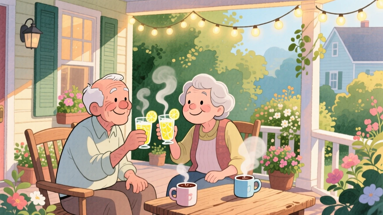 Old friends toasting with lemonade glasses on a summer porch, in a wraparound porch draped in string lights, with steam rising from mugs of cocoa nearby, nostalgia and lifelong friendship.
