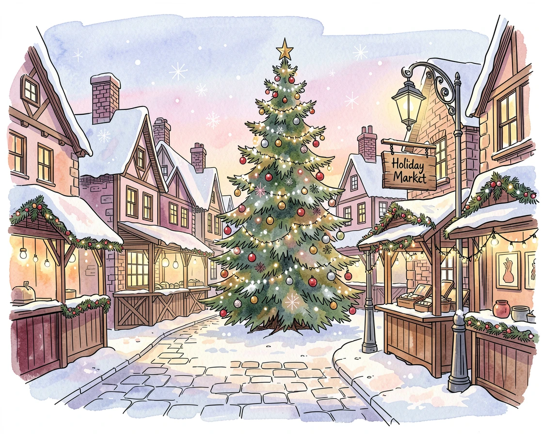 A snow-covered village square decorated with twinkling holiday lights, a nostalgic, comforting atmosphere settling over the scene.