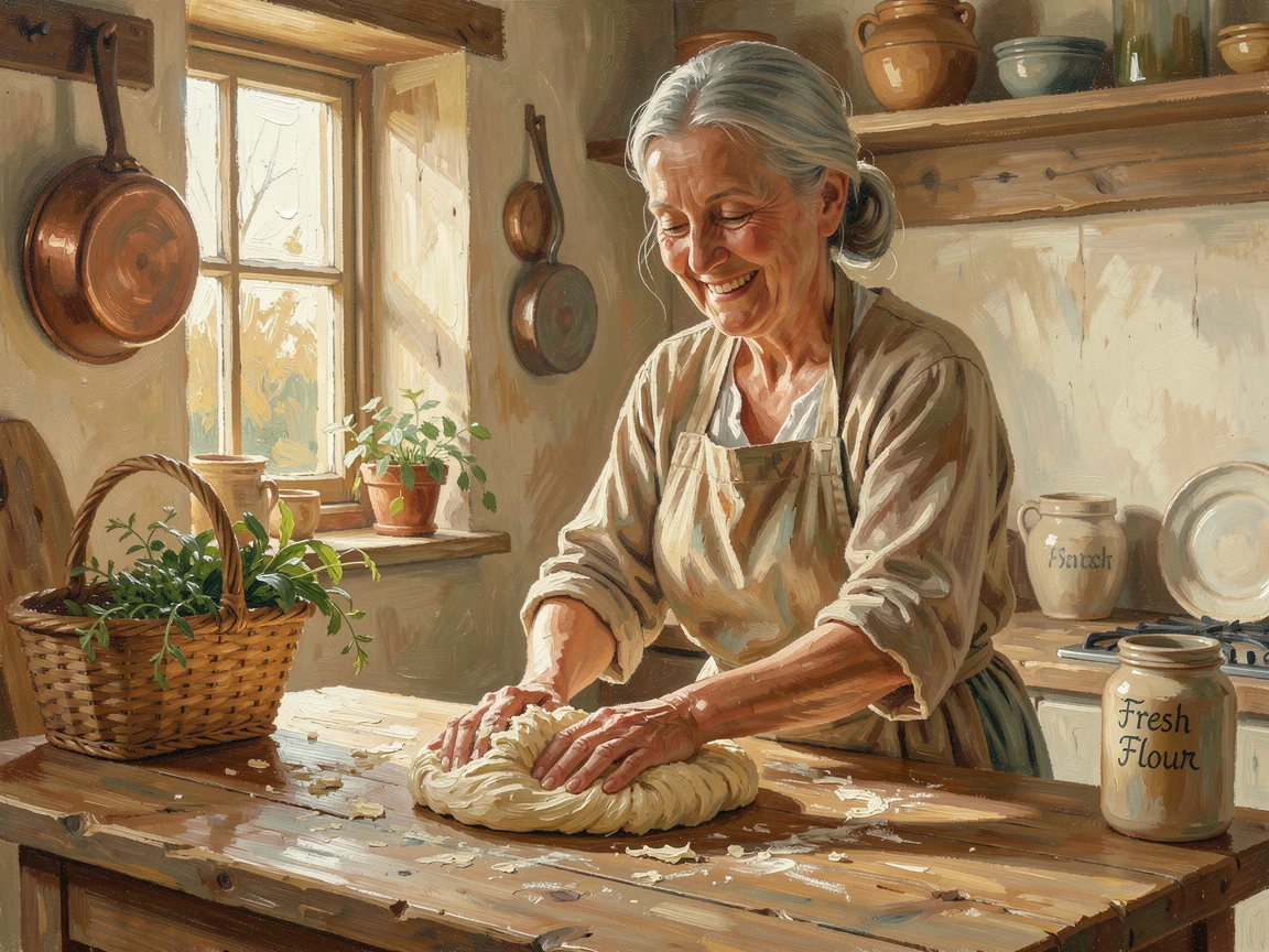 A grandmother kneading dough in a warm kitchen, beside a rustic wooden table in a farmhouse kitchen, a genuine, unguarded smile, on a crisp, clear morning.