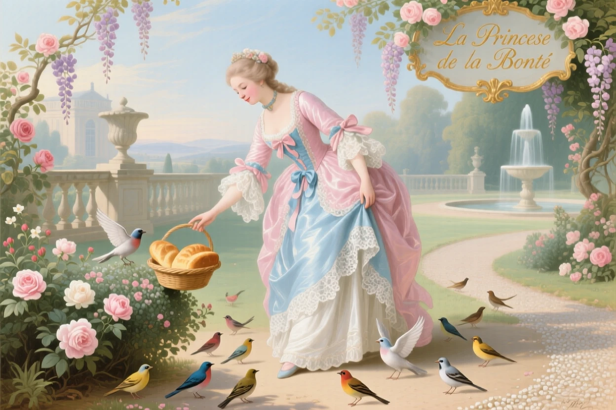 A princess representing kindness, offering bread to a flock of birds  