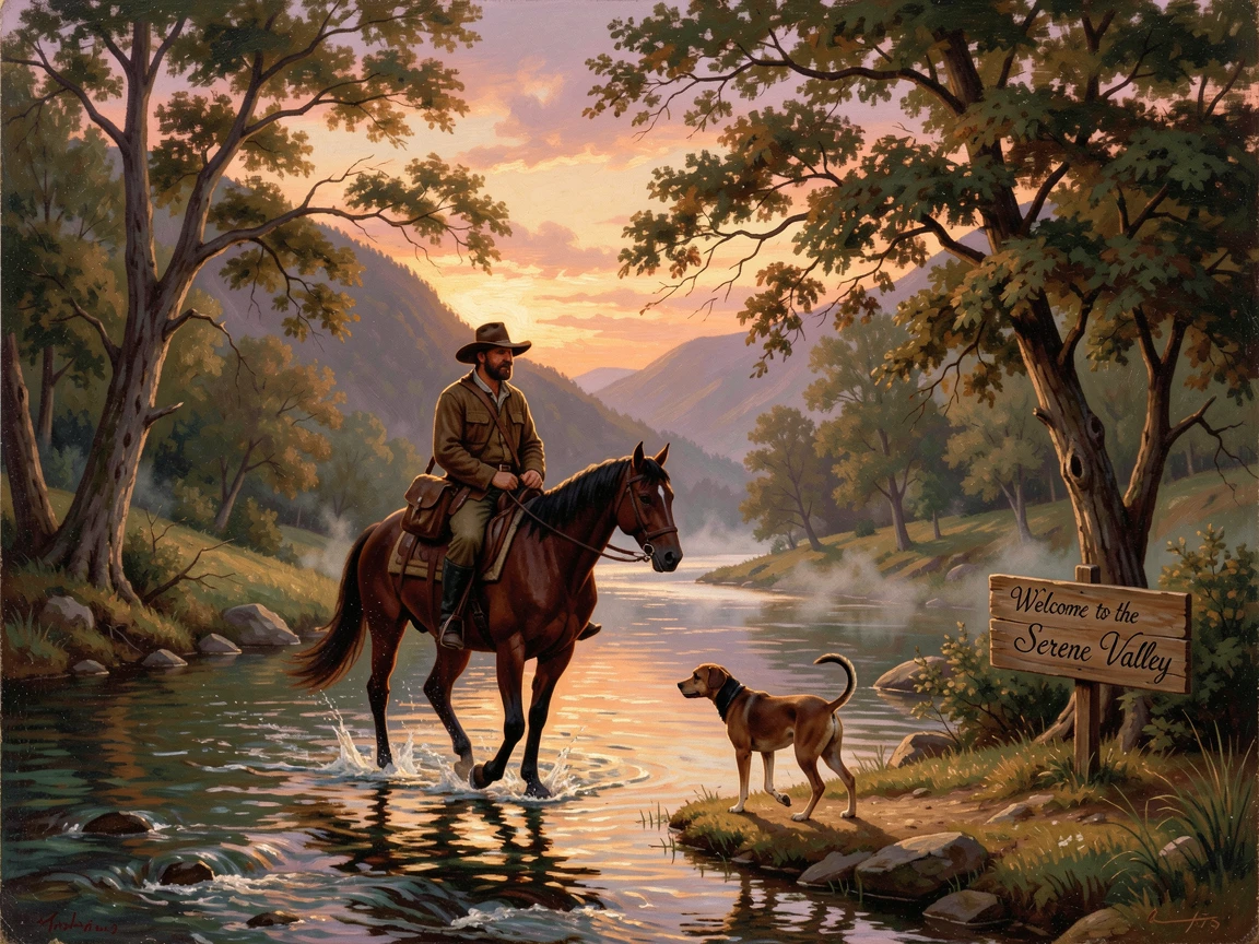 A hunter and his dog ride through a river valley ringed by distant hills as the sun begins to set.