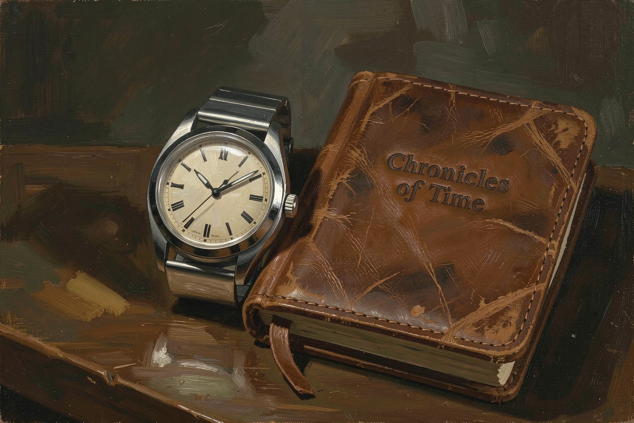 A luxury wristwatch resting beside a folded leather-bound journal, with a timeless, refined composition throughout, designed as a sophisticated piece for upscale interior decor