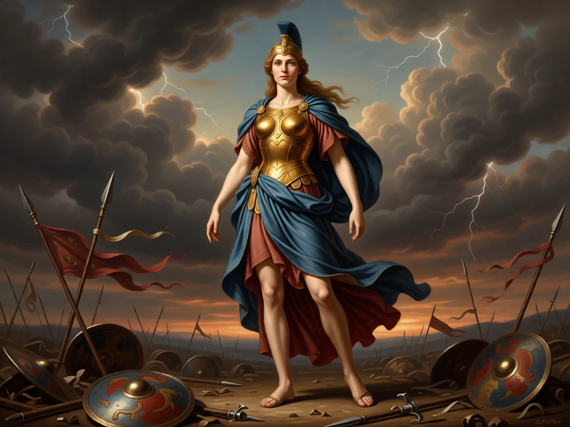 The goddess Athena descending from Olympus in radiant armor as thunder rolls across a darkening sky, set on a windswept battlefield strewn with fallen standards, with gilded armor catching the light and rich fabrics billowing in the wind; a low vantage point emphasizes the towering scale of the moment, evoking awe, destiny, and the weight of history.