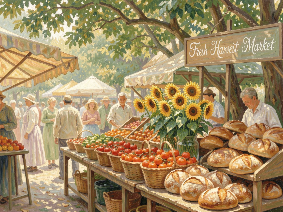 A bustling farmers market with baskets of ripe tomatoes, sunflowers, and fresh bread laid out on wooden tables, conveying a feeling of romance and tranquility.