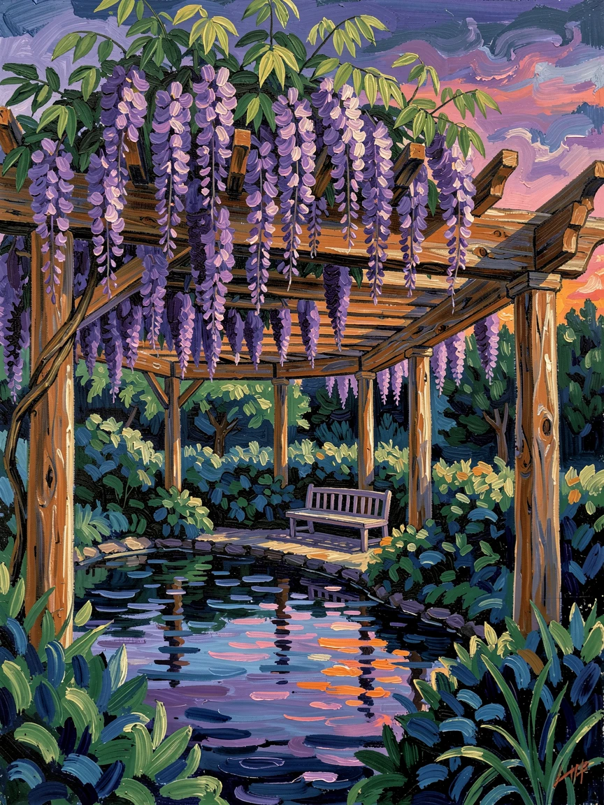 A wisteria-draped pergola overlooking a quiet garden pond at dusk.