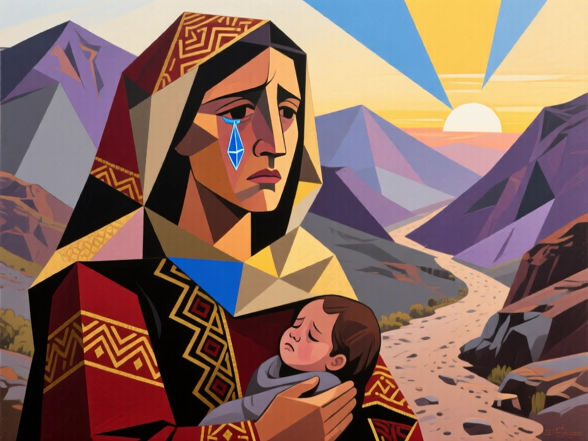 A medium shot of a new mother of Bedouin heritage shedding a single tear of relief, on a quiet mountain trail at dawn.