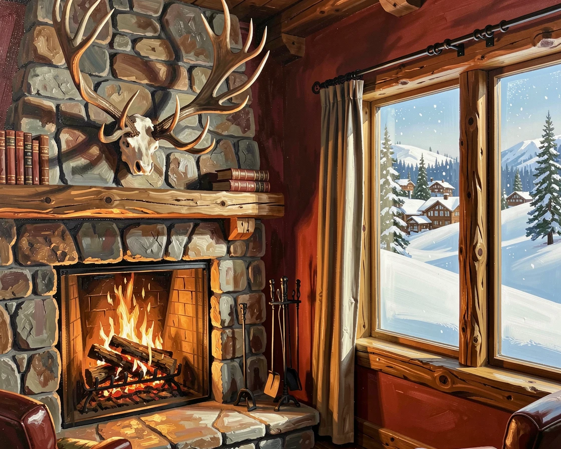 A rustic Colorado ski chalet interior shows a roaring fireplace, mounted antlers, and a wall of windows revealing snow-covered slopes outside, small architectural details rewarding a closer look at the surrounding structures.