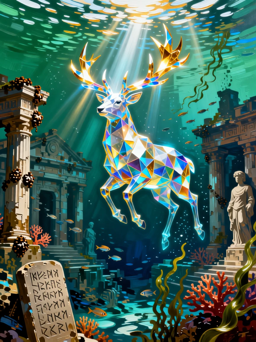 a crystal stag with antlers of pure light soaring above an ancient sunken city