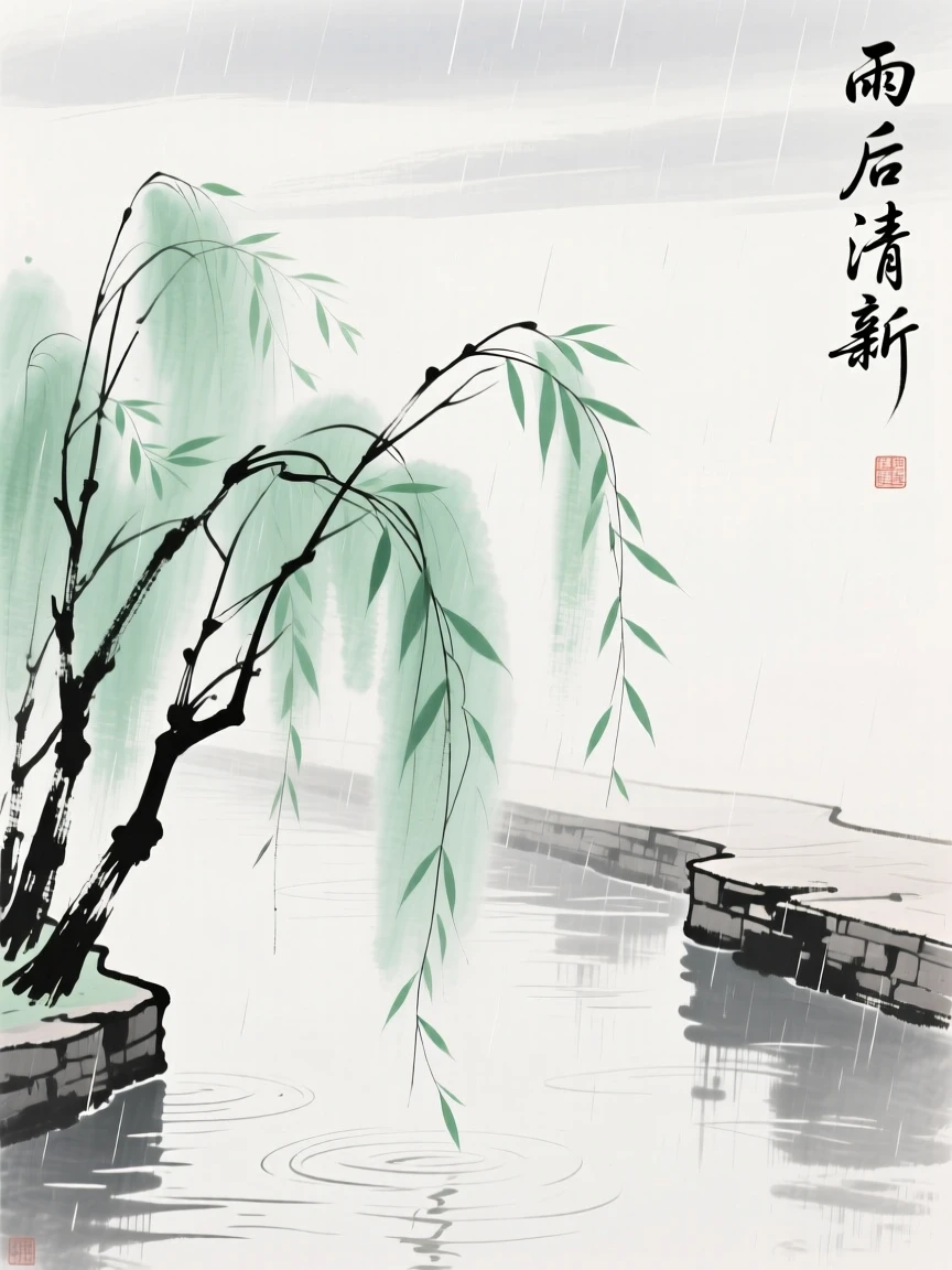 Willow branches sway with fresh green leaves along a canal, beneath a sky washed clean by recent rain.