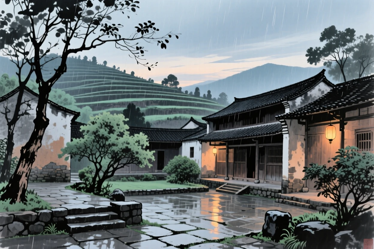 Terraced courtyards of an old family estate framed by garden trees, as lanterns are lit for the evening, beneath a sky washed clean by rain.