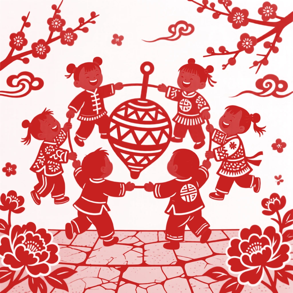 A cheerful group of playmates, spinning a colorful top on a stone floor, the scent of blossoms filling the spring air.
