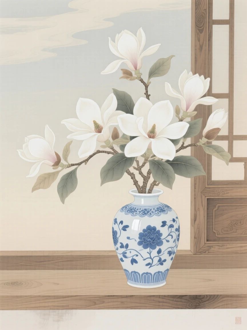 Magnolia flowers against a pale sky in a porcelain vase on a wooden windowsill