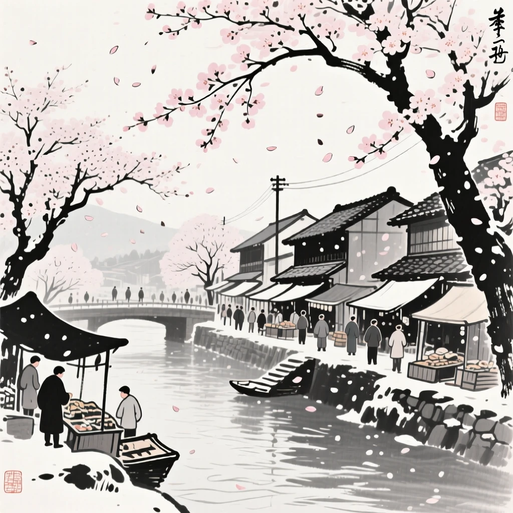 A spring morning market beneath blossoming trees in a small riverside town, framed through drifting petals or falling snow for depth, suggesting nostalgia and gentle celebration.