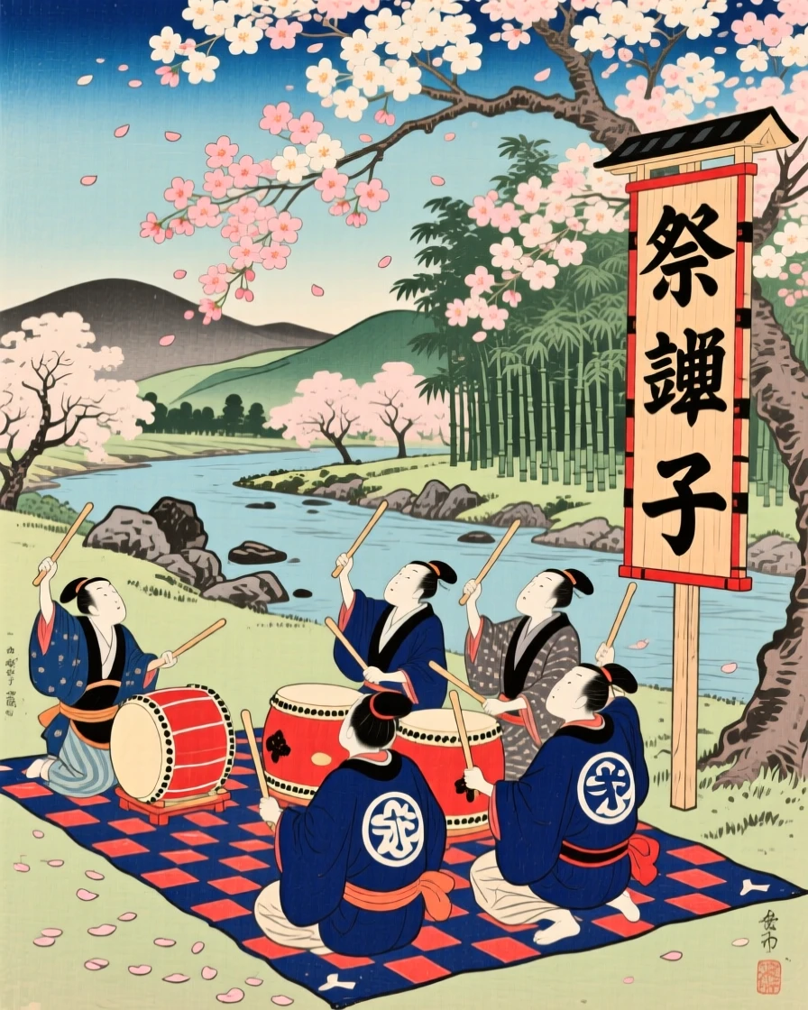Festival drummers spread on picnic blankets beneath blooming trees.