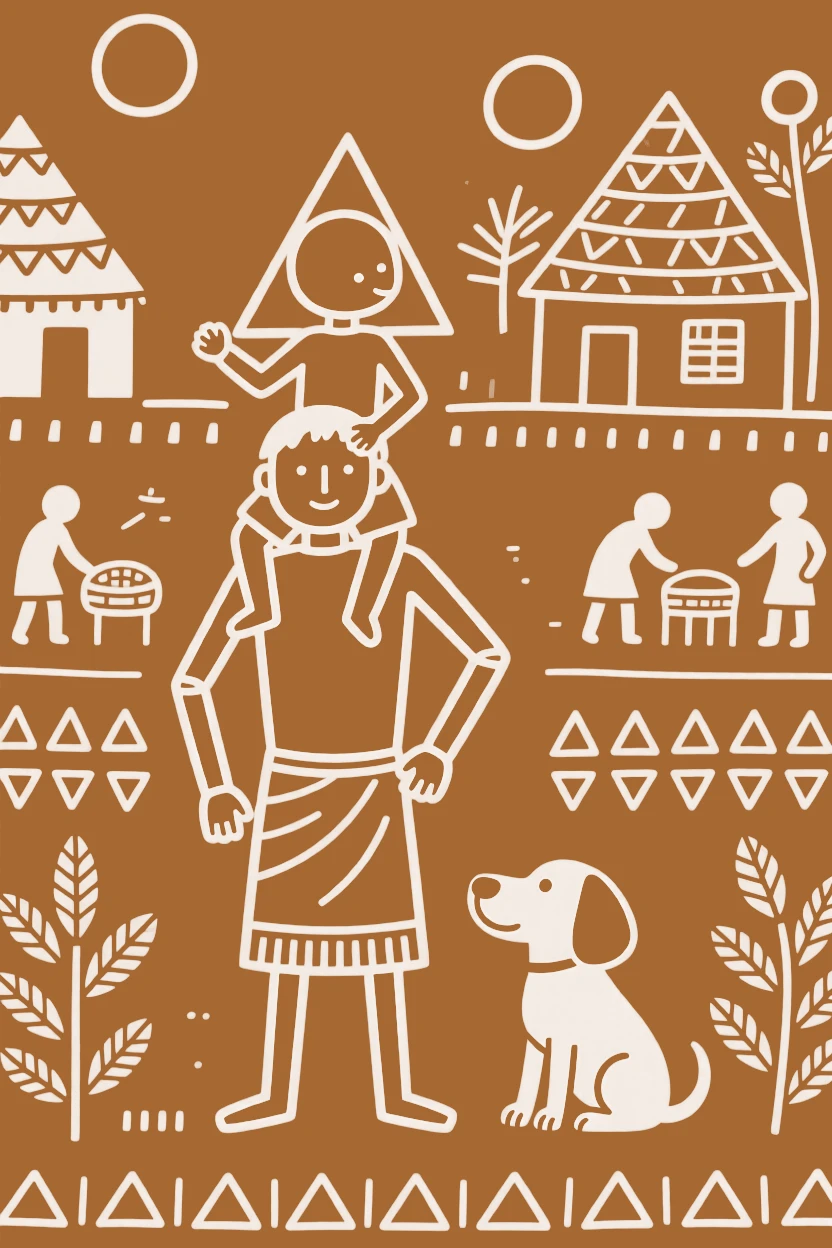 A boy and his pet dog riding on a father's shoulders through the village.