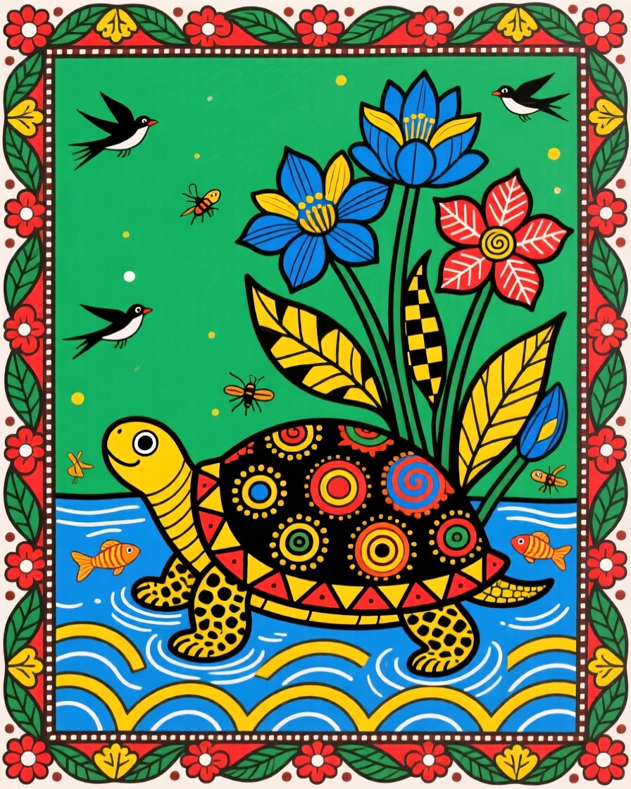 A pond turtle basking beside a cluster of blooming water hyacinths.