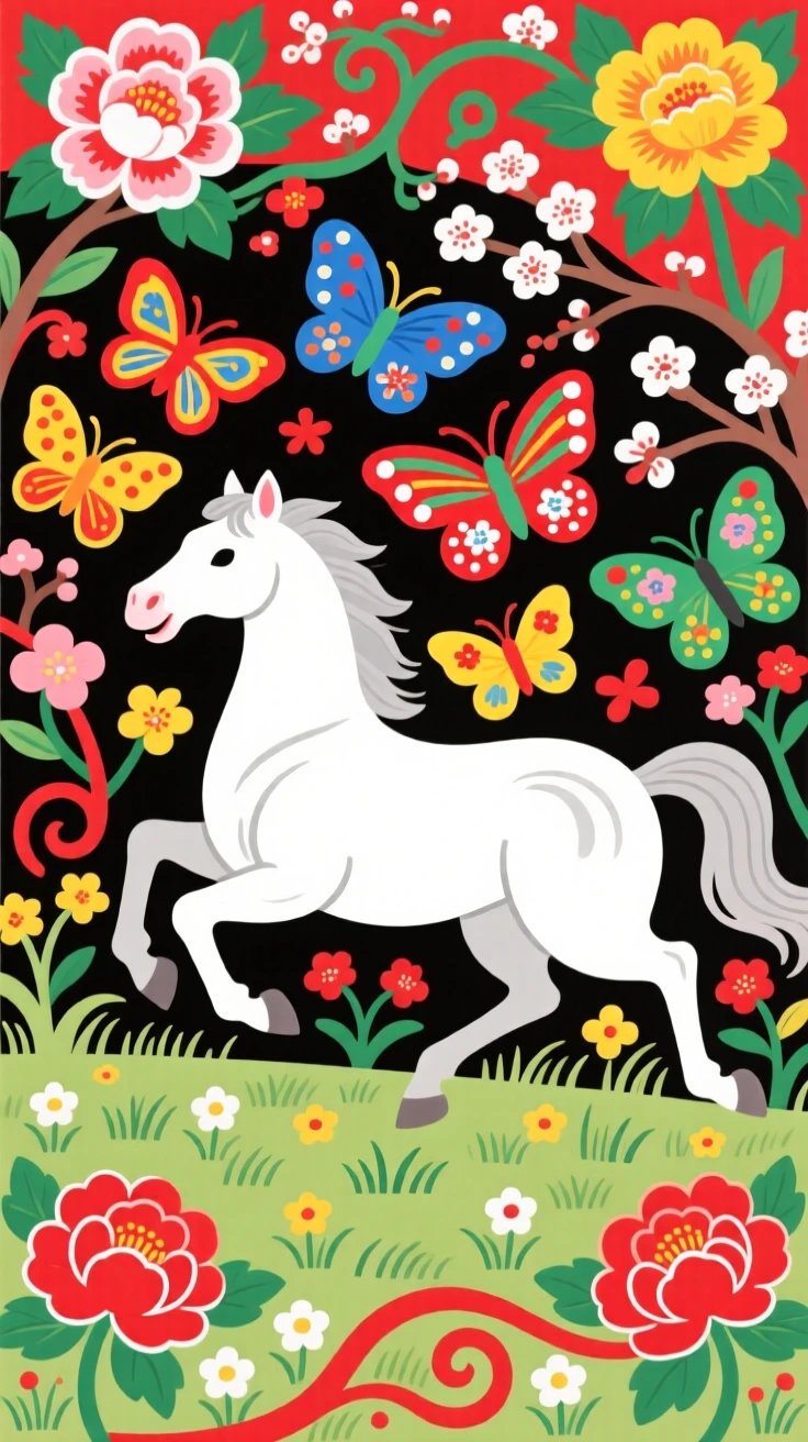A proud white horse chasing butterflies in a garden.