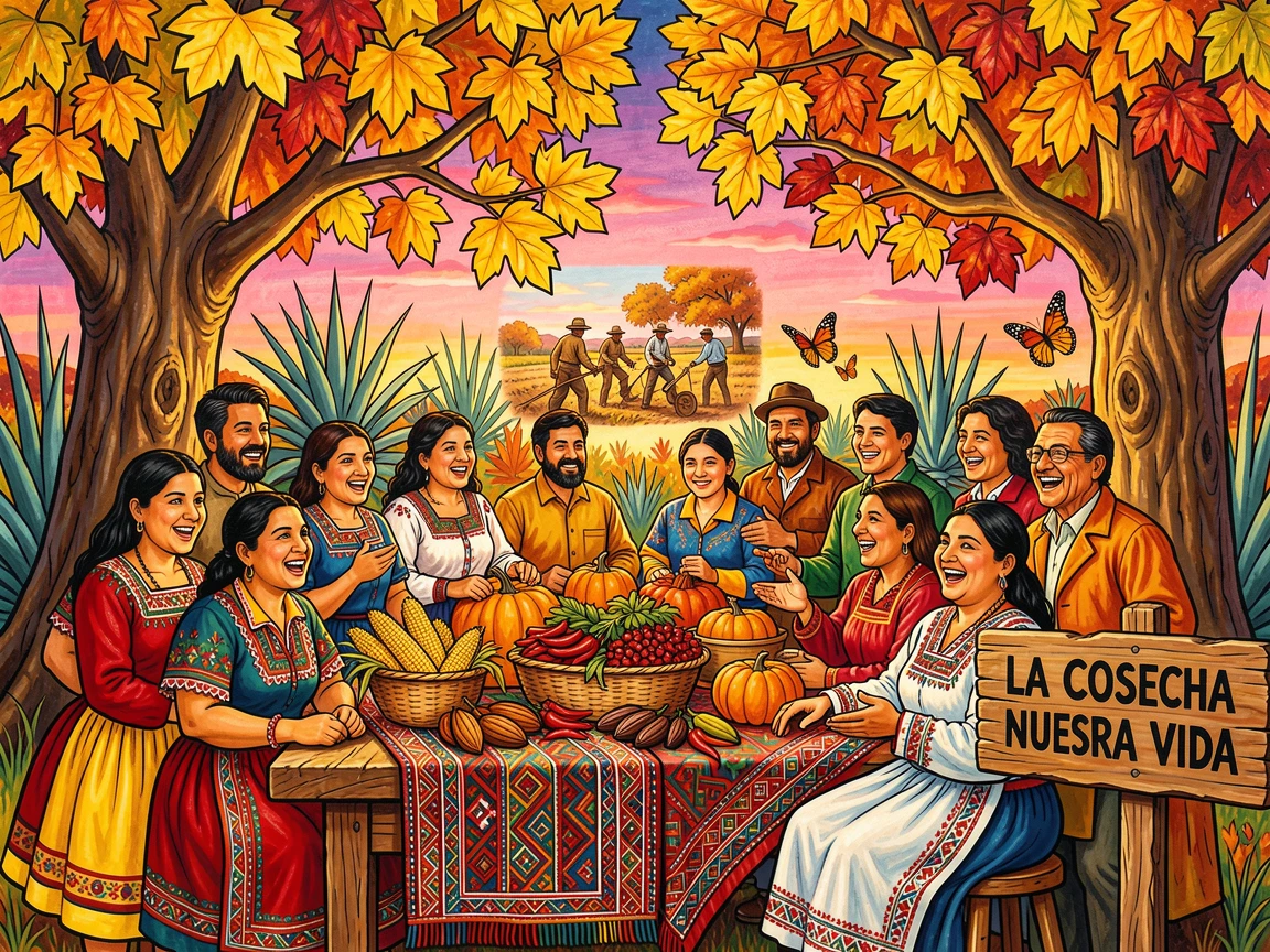 A harvest table set beneath golden autumn trees