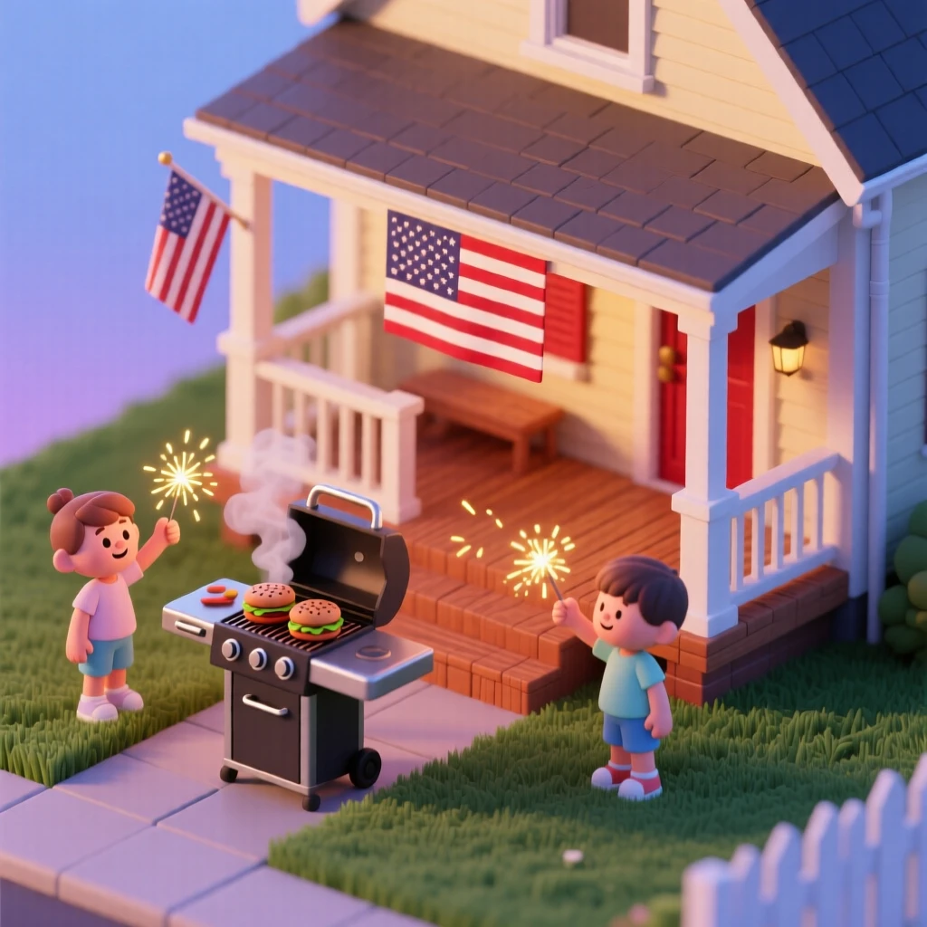 A summer Fourth of July barbecue with a flag-draped porch, grilling burgers, and children waving sparklers at dusk.