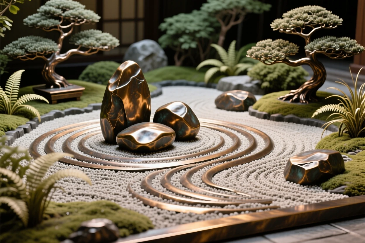 A serene zen rock garden with raked gravel patterns, surrounded by lush, verdant gardens, exuding timeless grandeur