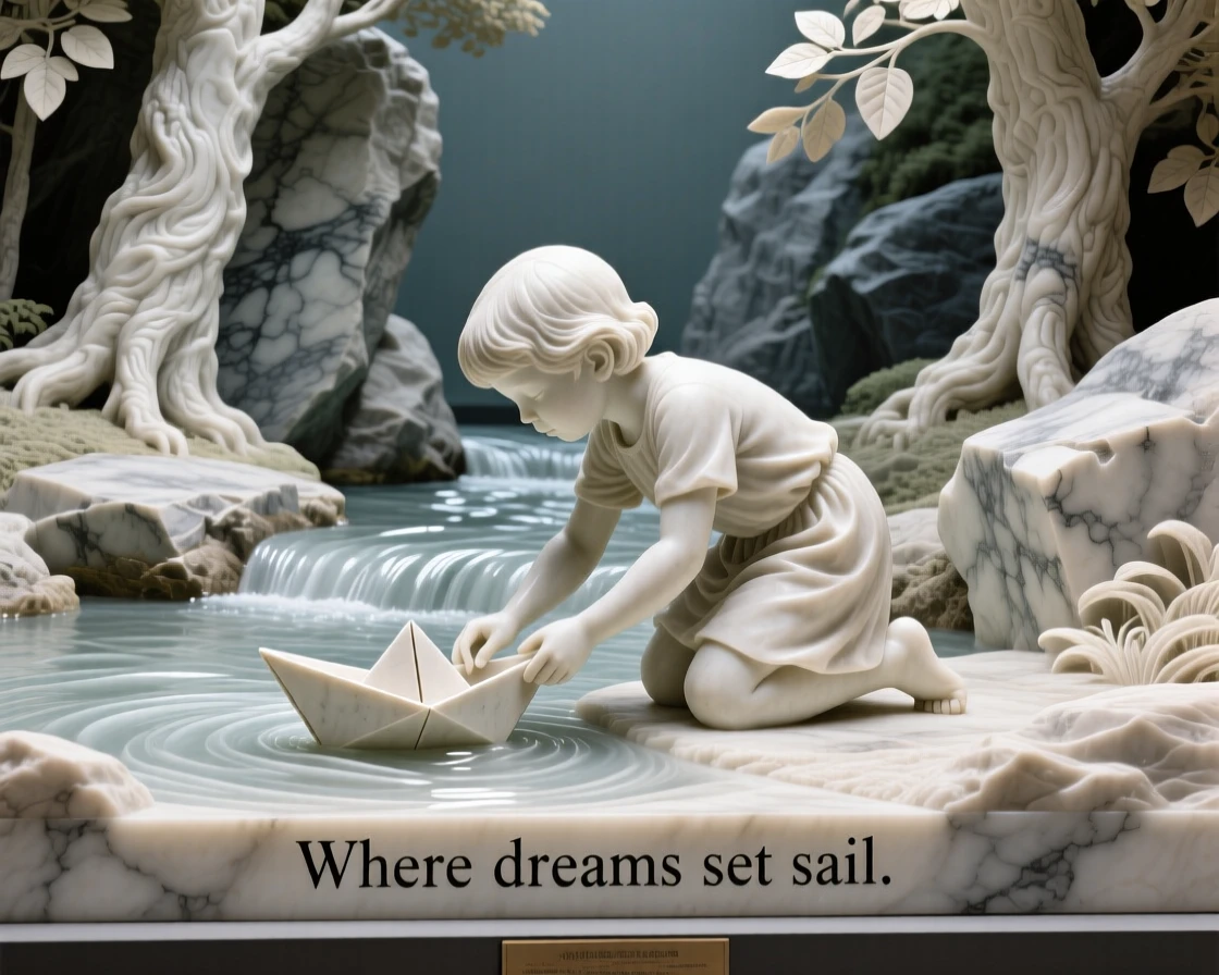A vivid, emotionally rich scene of a child releasing a paper boat into a stream, framed by dramatic natural scenery, designed to captivate and inspire