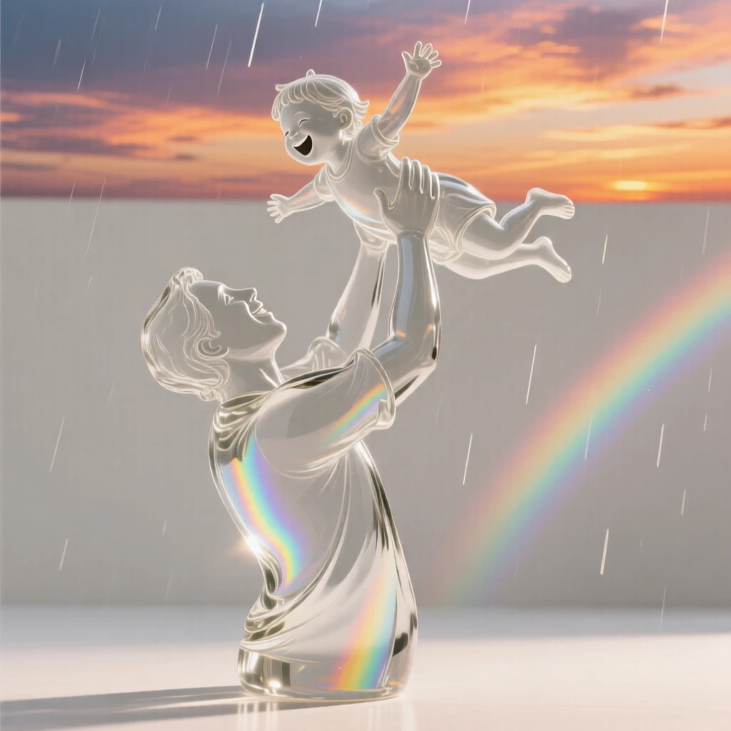 Beneath a sky painted with the colors of sunset, a parent lifting a laughing child high into the air