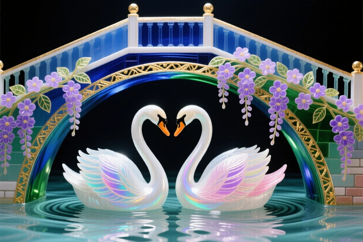 A pair of swans gliding together beneath a bridge covered in blooming wisteria, romantic and timeless.