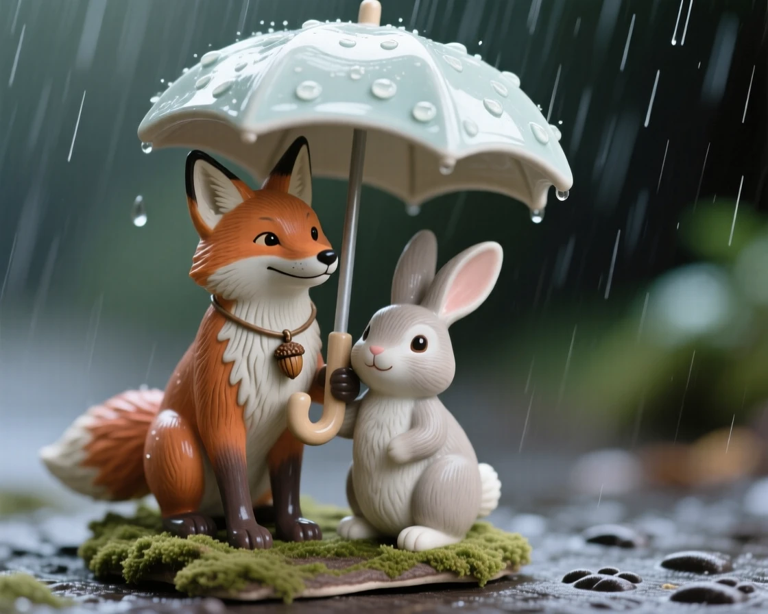 A fox and rabbit sharing an umbrella in the rain posed mid-adventure with playful energy, dotted with small whimsical touches throughout, radiating coziness and storybook charm.