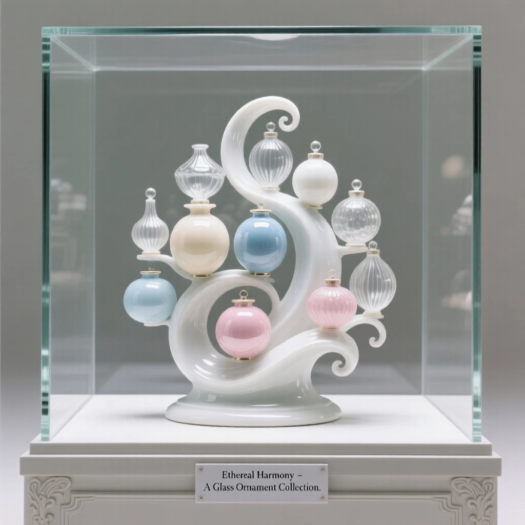 A collection of glass ornaments arranged in a glass display case, forming a harmonious, elegant composition.