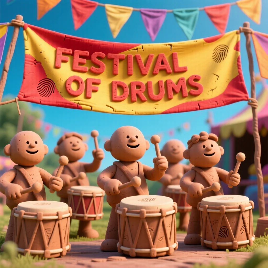 A group of drummers performing beneath vibrant festival banners