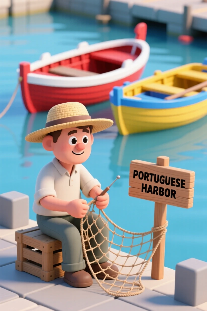 A gentle Portuguese fisherman mends a colorful net beside brightly painted boats bobbing in a harbor.