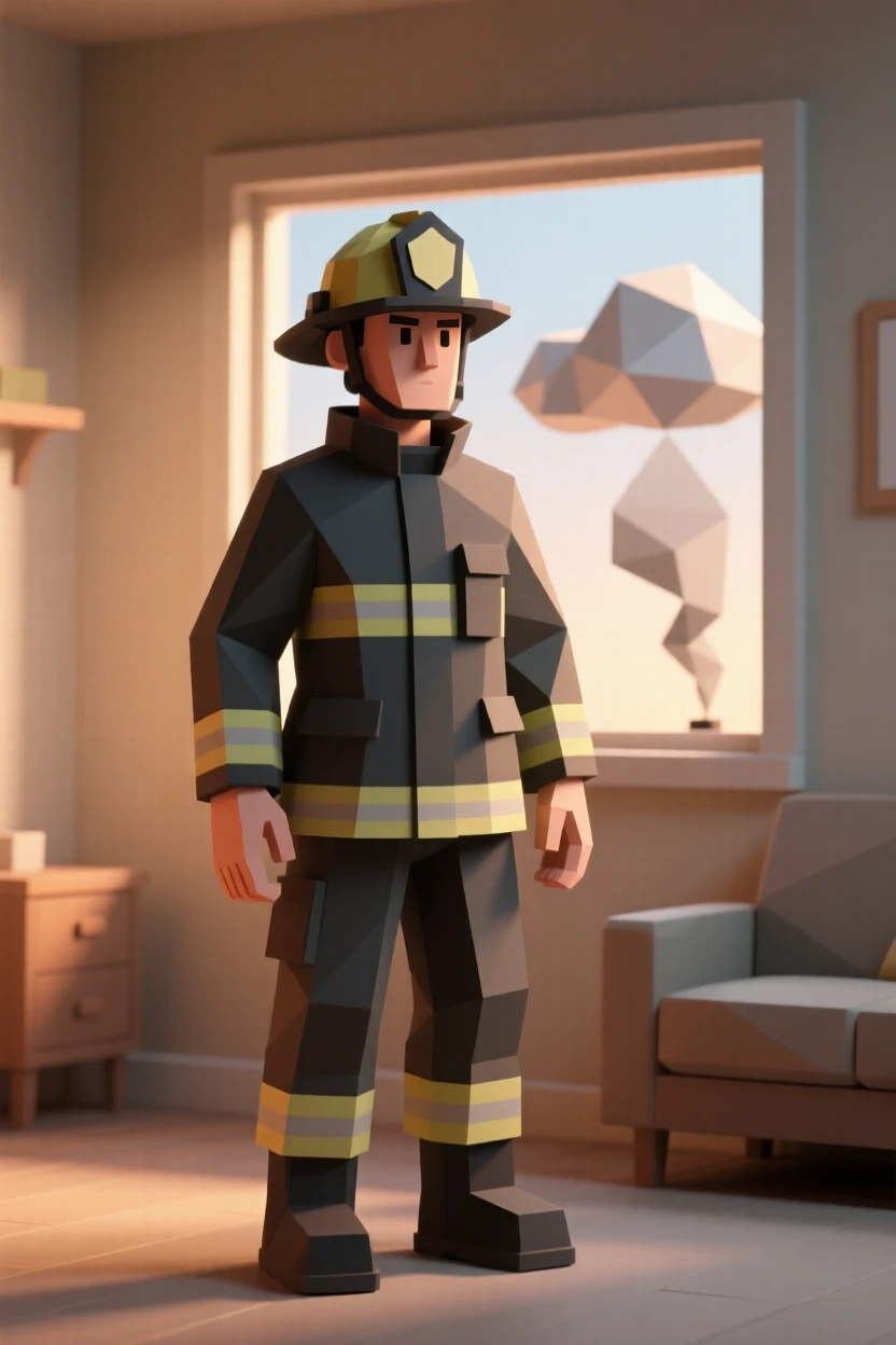 A firefighter standing resolute against a smoky sky, in a softly lit cozy room. soft backlighting creates a warm, glowing silhouette. A wave of nostalgia fills the moment.