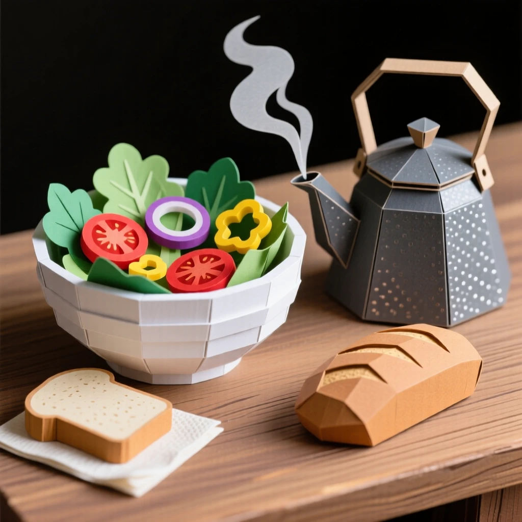 A vibrant bowl of fresh salad set beside a steaming kettle, with warm bread resting alongside, conveying fresh, wholesome appeal.