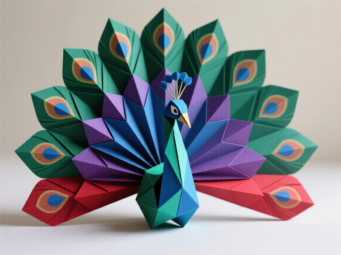 An elegant floral peacock tail design spreading outward in rich jewel tones.