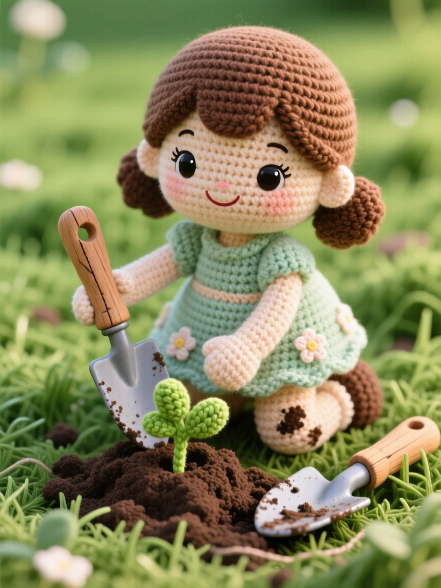 A cheerful scene of a little girl planting a garden with muddy knees and a trowel, patting soil around a new seedling within a grassy field perfect for outdoor play; a favorite well-worn tool resting close by nearby, full of cheerful curiosity and hands-on delight.